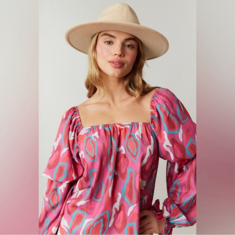 Fantastic Fawn Gathered Puff Sleeve Multi Color Blouse Pink White Teal Medium - Picture 2 of 10